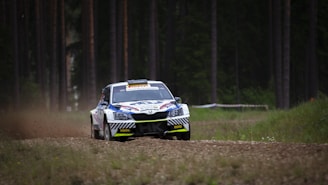 A rally car is speeding on a dirt road surrounded by tall trees in a forest. The car has a sporty design with decals and sponsor logos, and it is kicking up dust as it moves rapidly forward.