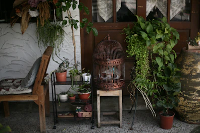 Cozy indoor corner decorated with stylish plant stands and decorative garden accents.