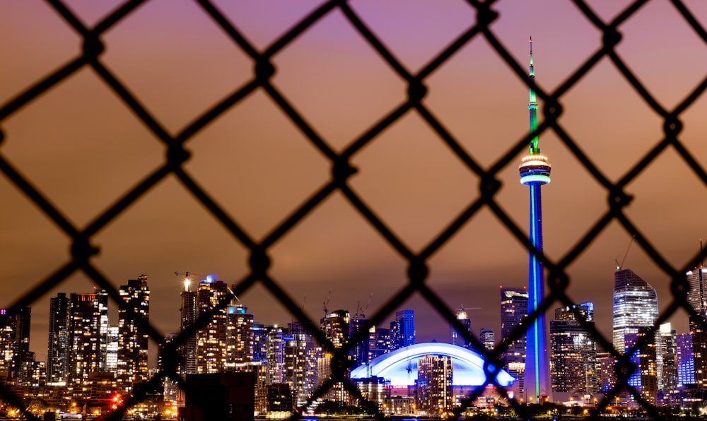 a city skyline seen through a chain link fence