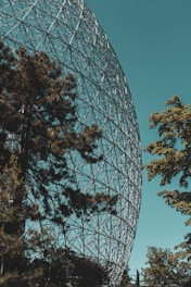 a large metal structure sitting in the middle of a forest