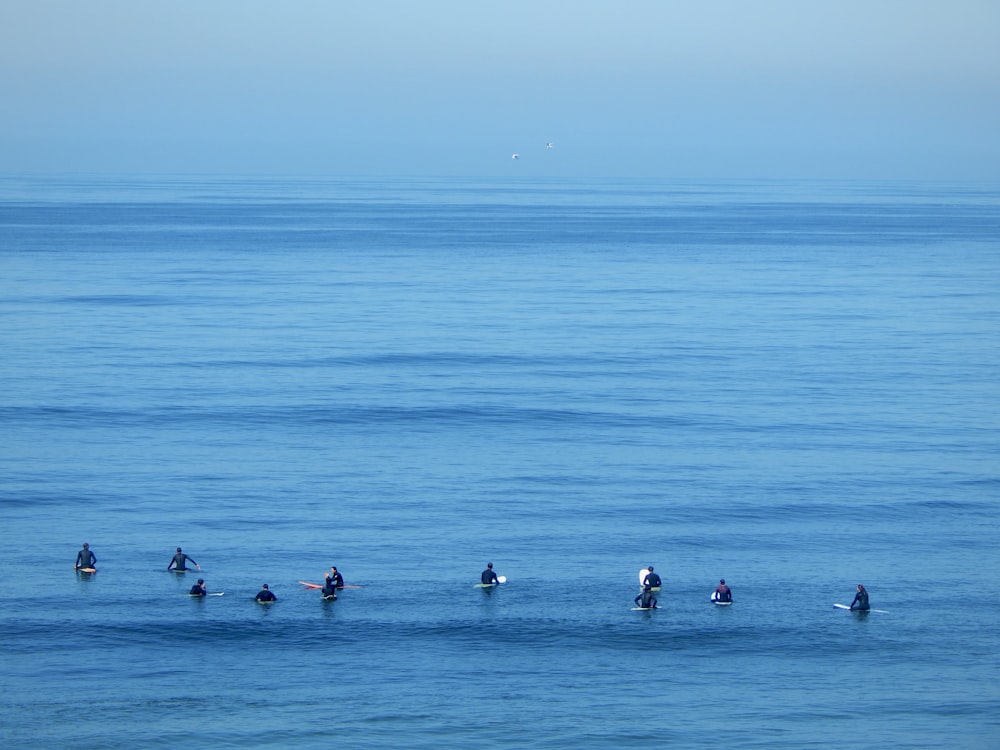 a group of people riding surfboards on top of a body of water