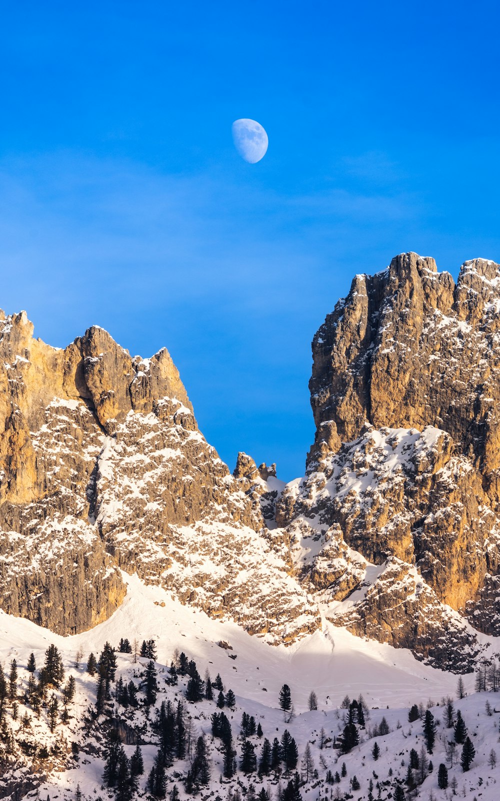 a full moon rises over a snowy mountain range