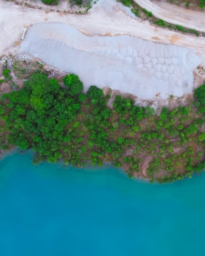 An aerial view of a landscape containing a shoreline with turquoise water on one side and dense green vegetation along with a sandy or gravel area on the other side. The scene appears to be a natural setting with a clear contrast between the vivid blue water and the lush greenery.