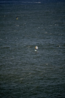 A vast expanse of water with small waves and ripples. Two people are engaged in water sports, likely windsurfing or kiteboarding, each using a board with a sail.
