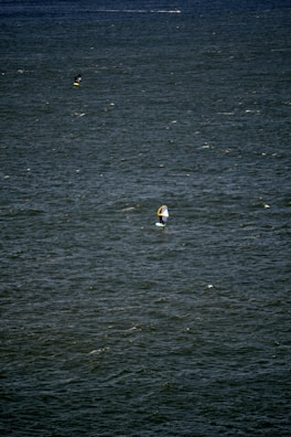 A vast expanse of water with small waves and ripples. Two people are engaged in water sports, likely windsurfing or kiteboarding, each using a board with a sail.