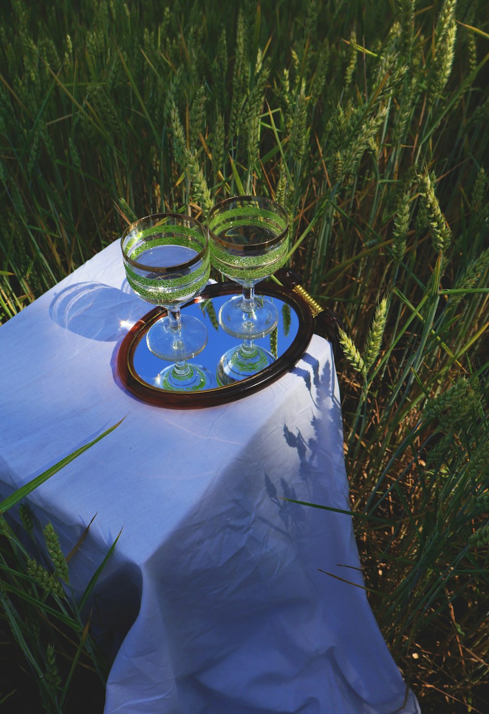 two glasses of wine on a tray on a table