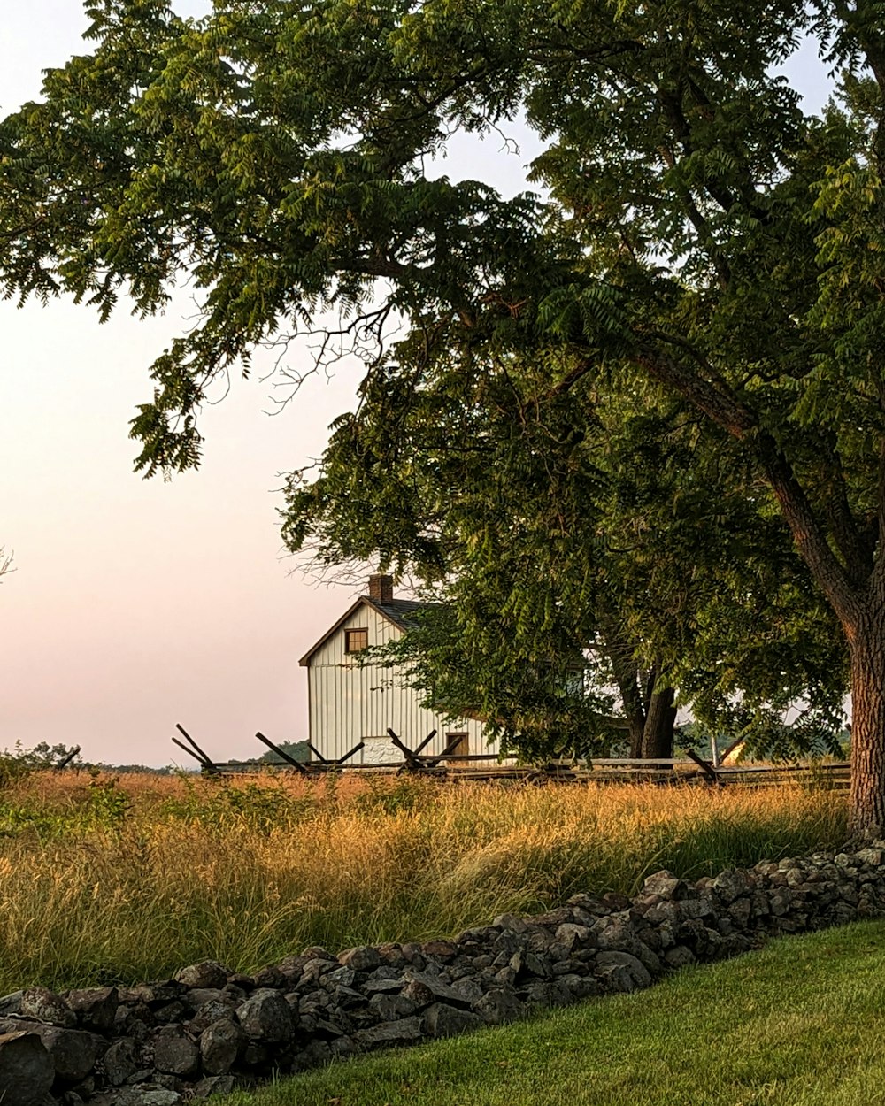 a white house sitting on top of a lush green field