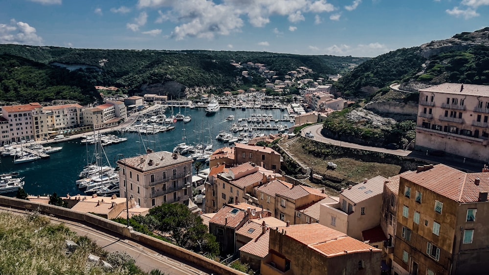 a harbor filled with lots of boats next to a hillside