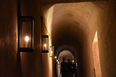 A dark, eerie dungeon corridor lit by flickering torches, inviting players to explore.