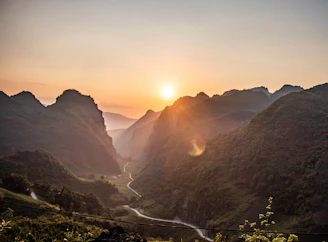 A serene sunrise over a misty mountain road in Europe, perfect for vanlife adventures.