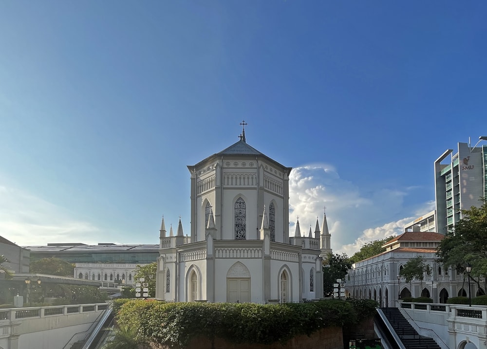 a church with a steeple and a steeple on top of it