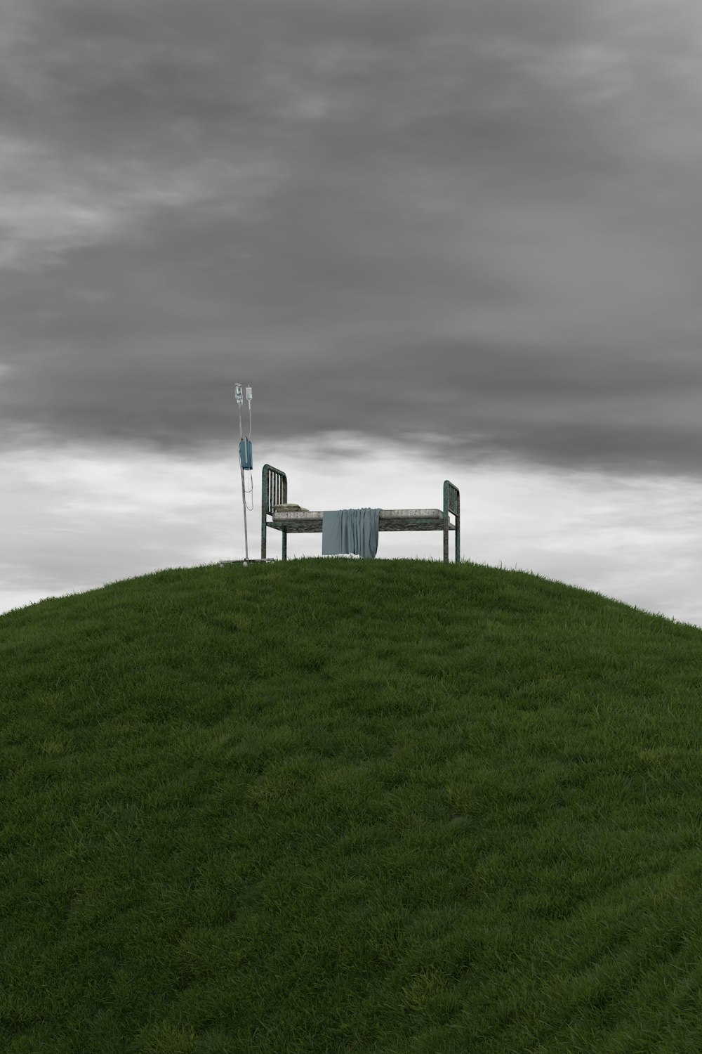 a bench sitting on top of a lush green hillside