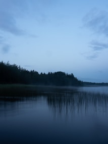 A serene lakeside scene at dusk or dawn with calm water reflecting the blue sky. Tall grasses are visible at the water&rsquo;s edge, and a forested shoreline surrounds the lake. Mist lightly covers parts of the water, adding a sense of tranquility.