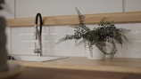 A modern kitchen interior featuring a sleek stainless steel faucet over a rectangular sink. To the right, a potted plant with green foliage sits on the wooden countertop against a backdrop of white subway tiles.