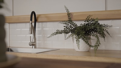 A modern kitchen interior featuring a sleek stainless steel faucet over a rectangular sink. To the right, a potted plant with green foliage sits on the wooden countertop against a backdrop of white subway tiles.