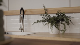 A modern kitchen interior featuring a sleek stainless steel faucet over a rectangular sink. To the right, a potted plant with green foliage sits on the wooden countertop against a backdrop of white subway tiles.