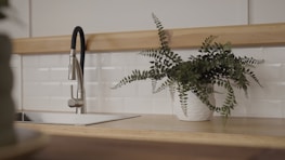 A modern kitchen interior featuring a sleek stainless steel faucet over a rectangular sink. To the right, a potted plant with green foliage sits on the wooden countertop against a backdrop of white subway tiles.