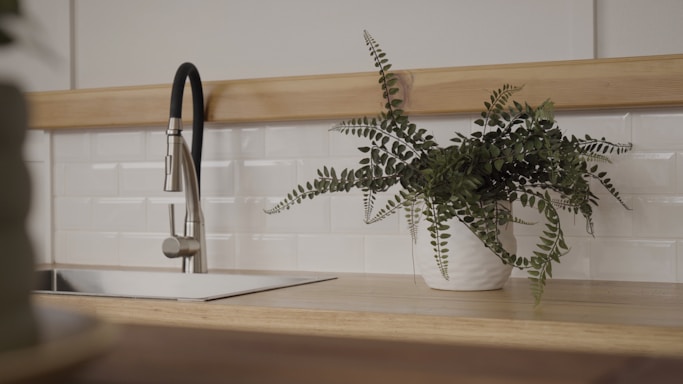 A friendly plumber discussing options with a homeowner in a modern kitchen.