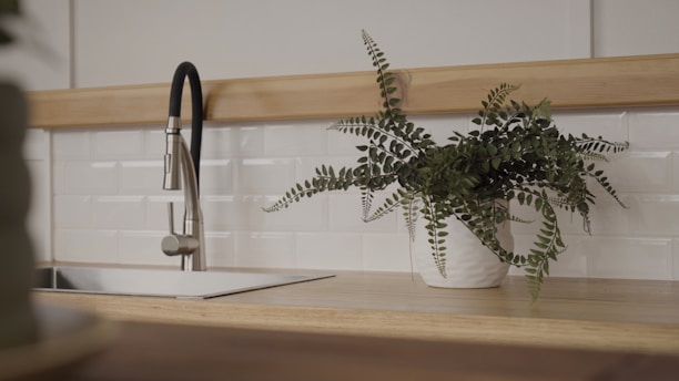 A modern kitchen interior featuring a sleek stainless steel faucet over a rectangular sink. To the right, a potted plant with green foliage sits on the wooden countertop against a backdrop of white subway tiles.