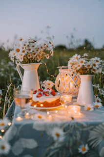 A serene outdoor setting with candles lighting up a small garden table.