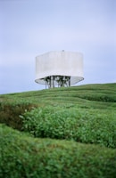 An aerial view of a minimalist architectural project nestled in a green landscape.