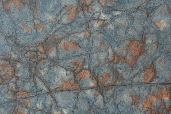 A close-up view of a textured surface resembling natural stone or marble, featuring intricate patterns of veins and mottled patches. The colors are a mix of bluish-grey with warm rust undertones, creating an organic, earthy appearance.
