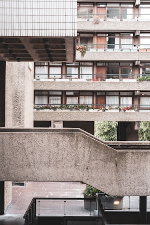 Wide shot of a residential facade featuring cement decorative elements.
