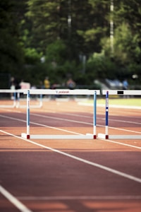 A running track with a hurdle positioned in the center, surrounded by a lush green background of trees. The hurdle features blue and white bars with red bases, and the surface of the track displays lines indicating lanes. The scene has a calm and focused atmosphere.