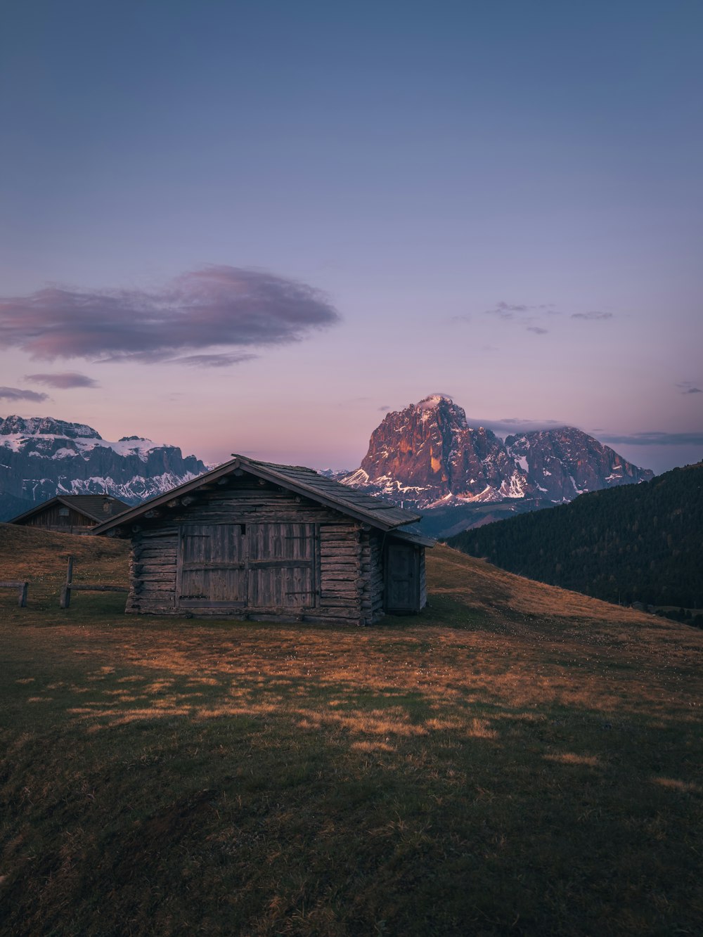 a cabin in a field with mountains in the background