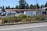 A fenced commercial area with vehicles and stacked materials, such as pallets, visible inside. The setting includes a parking lot and storage area, with a backdrop of tall trees. The fence has a black metal design, and a layer of greenery lines the outer edge of the premises.