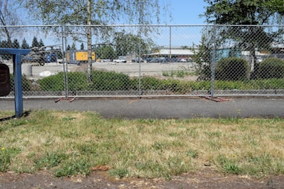 A chain-link fence separates a grassy area from an industrial or construction site. In the background, there are scattered vehicles and machinery, as well as buildings and trees. The sky is clear and blue, indicating a sunny day.