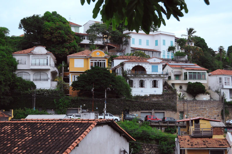 Colonial street in Santa Teresa with vintage tram, Rio