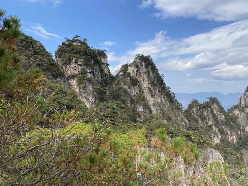 a view of a mountain range with trees and mountains in the background