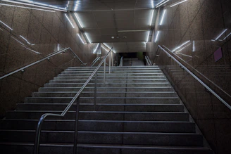 Clean stairwell with polished handrails and bright lighting.