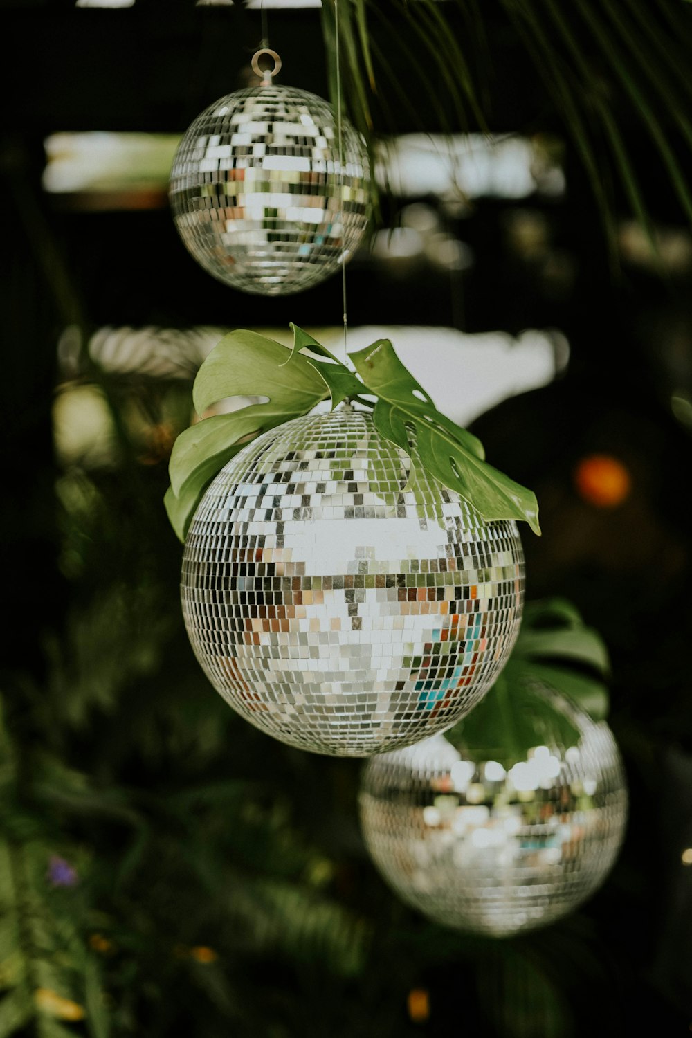 three disco ball ornaments hanging from a tree