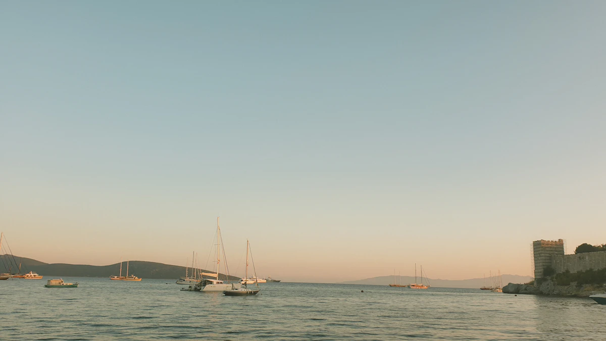 Boats moored in a bay near Bodrum, Turkey