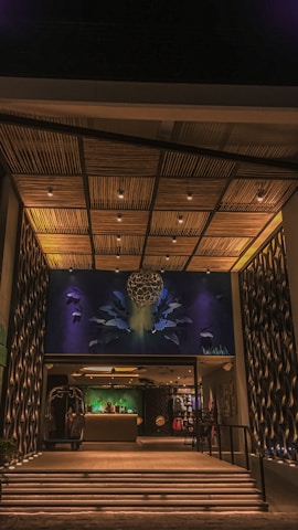 A modern entrance features an intricately designed ceiling with wooden panels and embedded lighting. The wall art integrates abstract shapes and figures illuminated with blue and green hues. Below, a reception area is visible with a desk and a person behind it, creating an inviting atmosphere.
