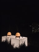 A minimalist setting features two rounded, wooden diffusers on top of a softly illuminated white cube. The scene is enveloped in darkness, with shrubs partially visible in the foreground. A few small dark bottles are also on the cube, complementing the calming and serene atmosphere.
