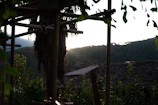A peaceful balcony overlooking the lush gardens and distant hills at sunset.