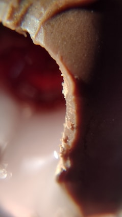 Close-up of a handcrafted chocolate piece with delicate gold leaf accents on a pearl white background.