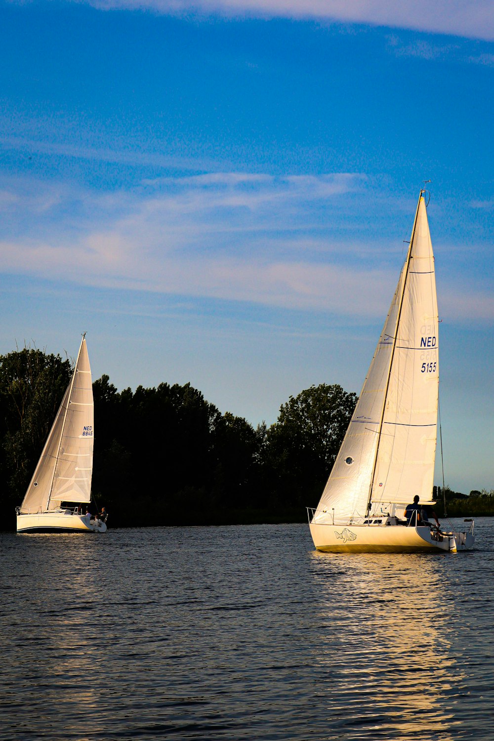 a couple of sail boats floating on top of a lake