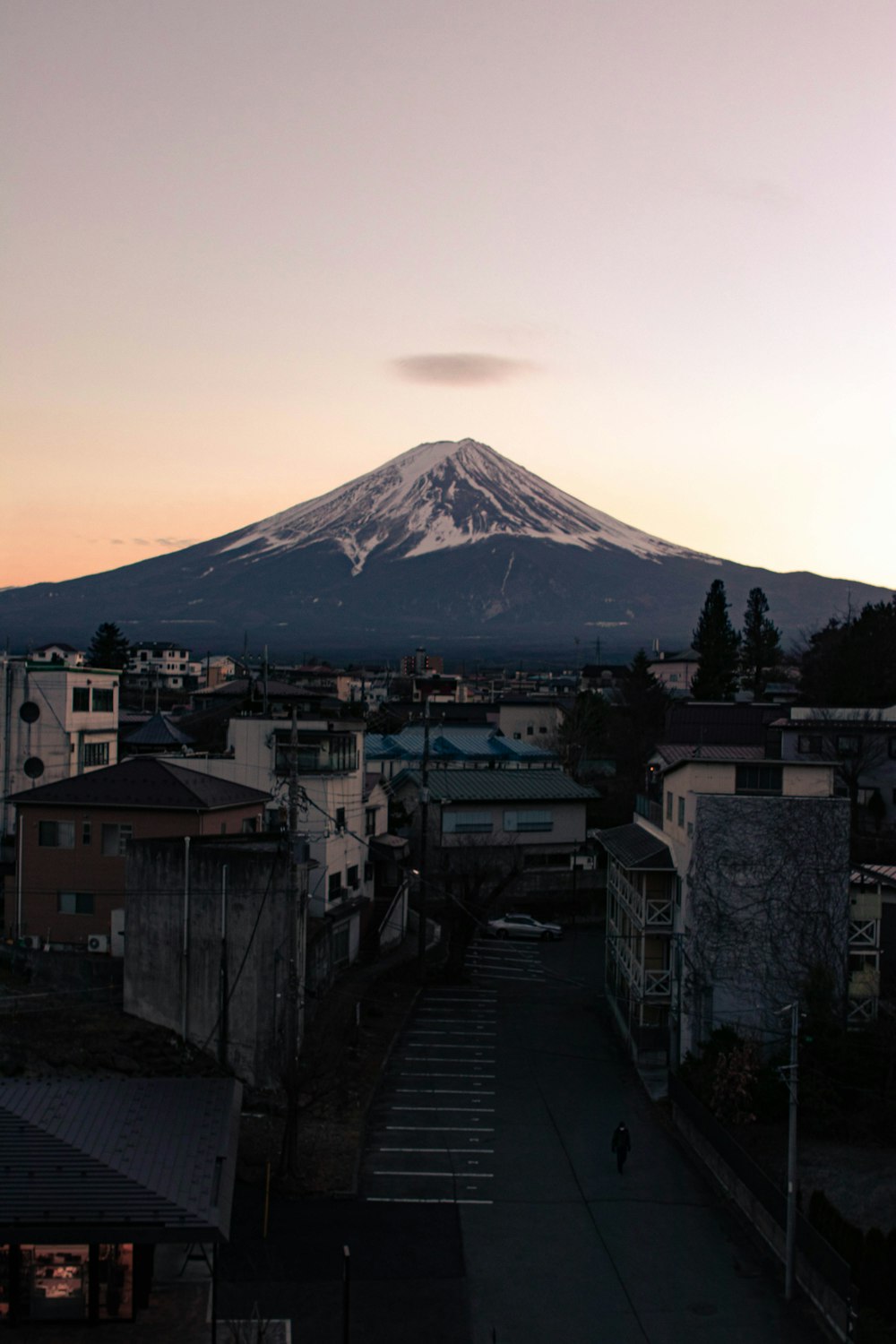 a view of a city with a mountain in the background