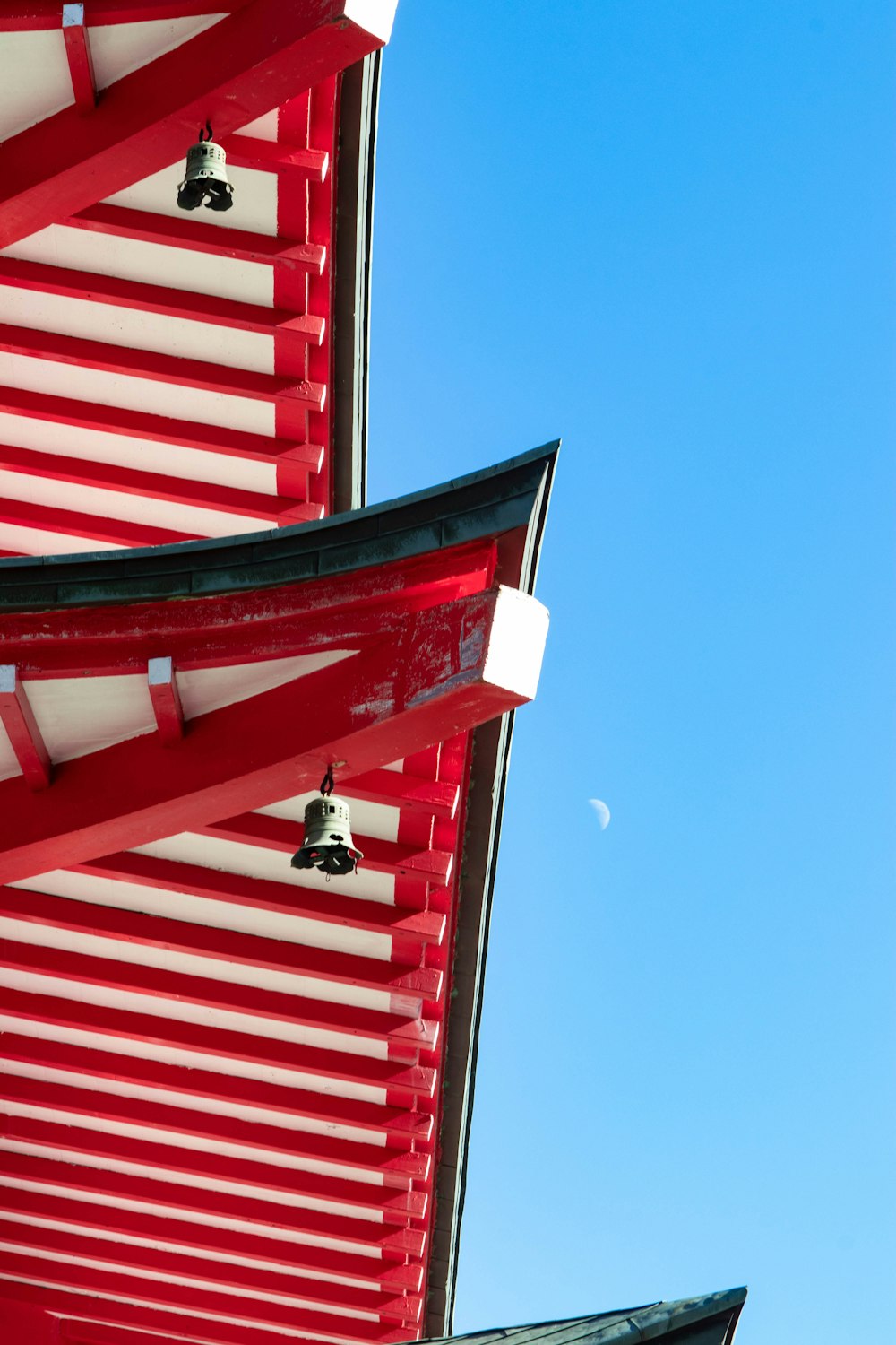 the roof of a building with bells on it