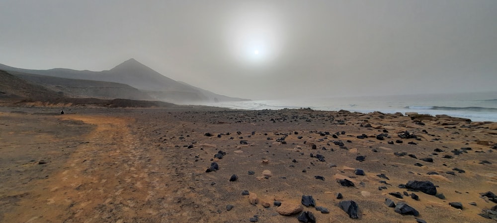 the sun is shining over a rocky beach