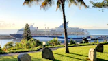 A serene morning view of a cruise ship anchored near a lush tropical island with palm trees swaying.