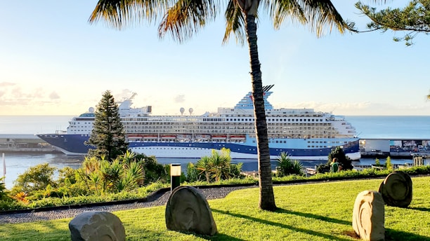 A large cruise ship is docked in a port surrounded by lush greenery with tropical plants and palm trees in the foreground. The sea is calm, and the sky is partially cloudy with a soft morning or evening light casting gentle shadows on the landscape.