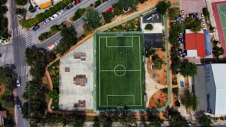 An aerial view of a sports complex featuring a green football field at the center, surrounded by a paved area on the left with skatepark ramps. Surrounding the field are trees, walkways, and small buildings. There's a road with parked cars and nearby green spaces.