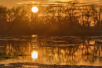 Sunset view over the Ganga river from the hotel balcony, with soft golden light reflecting on the water.
