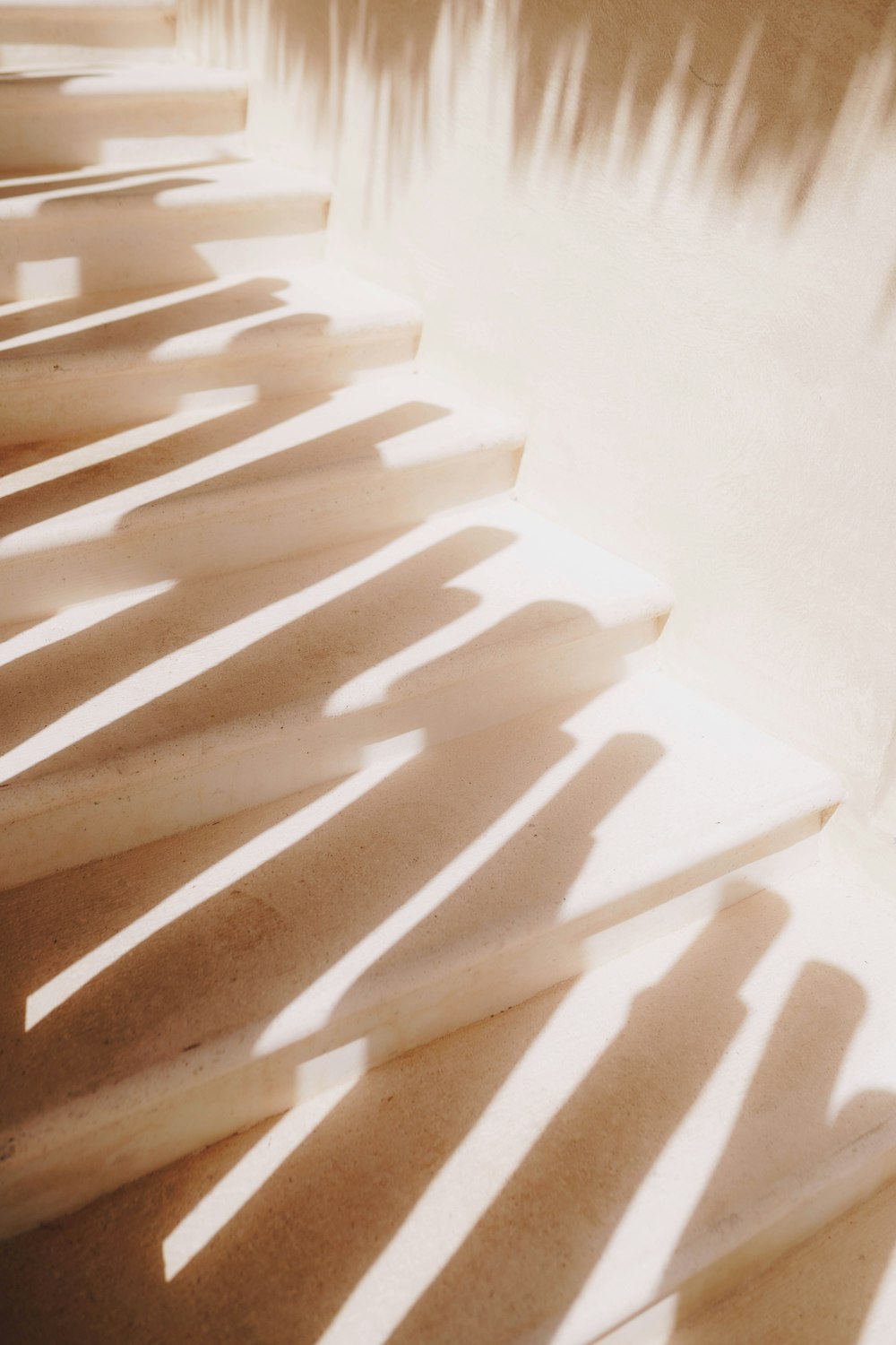 a set of stairs casting long shadows on the wall