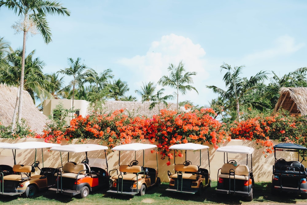 a row of golf carts parked next to each other